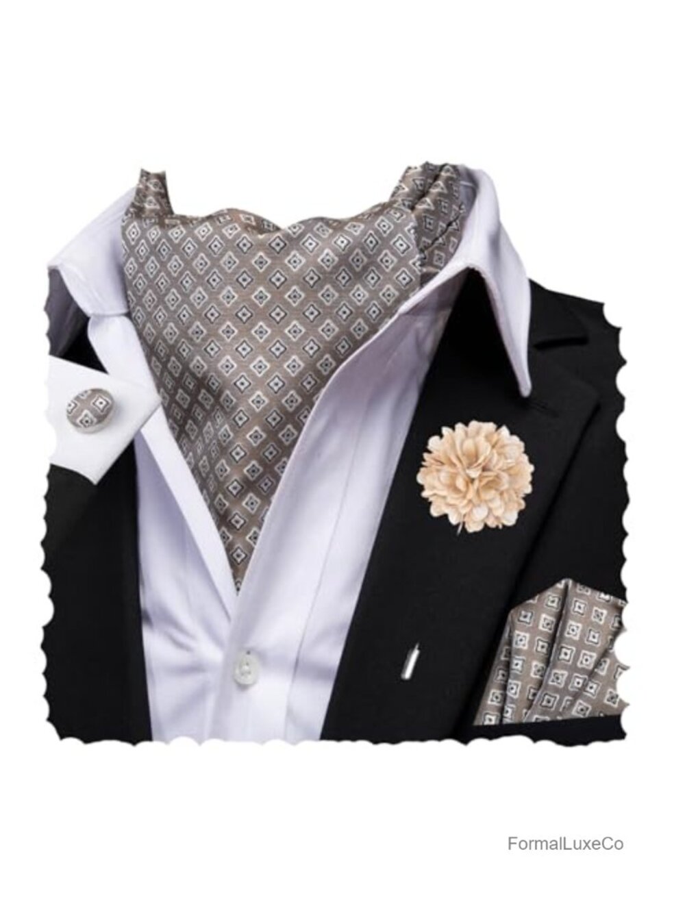Silk Ascot Tie Set with Pocket Square, Cufflinks, and Lapel Pin for Wedding